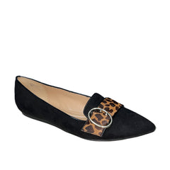 ELLEN TRACY Women's •Fig• Black Suede /Leopard Pony Pointed-toe Slip-on flat 8M