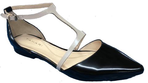 TAHARI Women's •Rodrigo• T-Strap Flat - Warm White/Black Patent - ShooDog.com