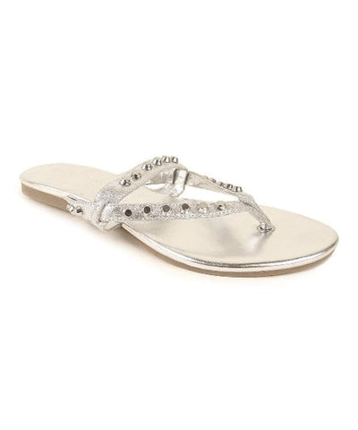 Womens J.LITVACK Mykonos Studded Leather Thong Sandal •Black or Sliver• - ShooDog.com