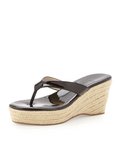 Womens's J.LITVACK Aruba •Black Patent• Raffia Wedge Thong Sandal - ShooDog.com